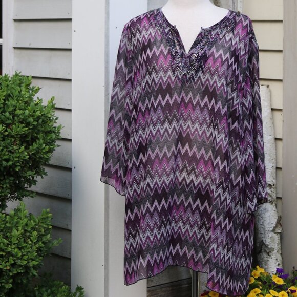 Catherine's by Maggie Barnes Purple Chevron Sheer Chiffon Beaded V-Neck Tunic 2X - Picture 1 of 7